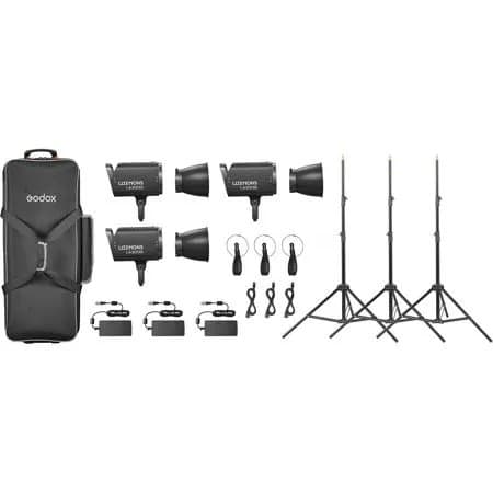 Godox Litemons LA300Bi Bi-Color LED Monolight (3-Light Kit with Stands, Black)