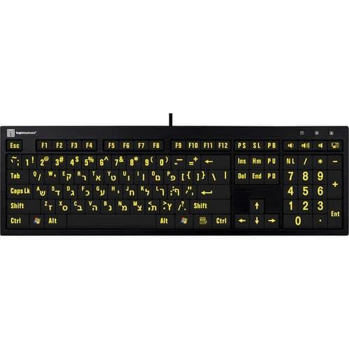 Logickeyboard XL Print NERO PC Slimline Large Print American English and Hebrew Keyboard (Yellow On Black)