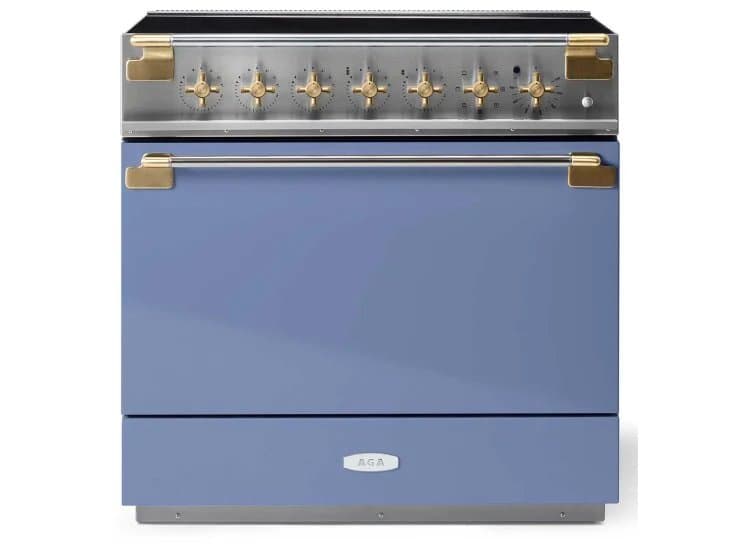 AGA Elise Induction Range 36-Inch Antique Brass Handle Stanchion and Knobs in Stone Blue - AEL361INABSTB