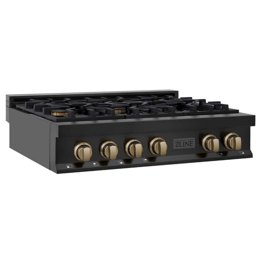 Autograph Edition 36 in. 6 Burner Front Control Gas Cooktop with Champagne Bronze Knobs, Black Stainless Steel