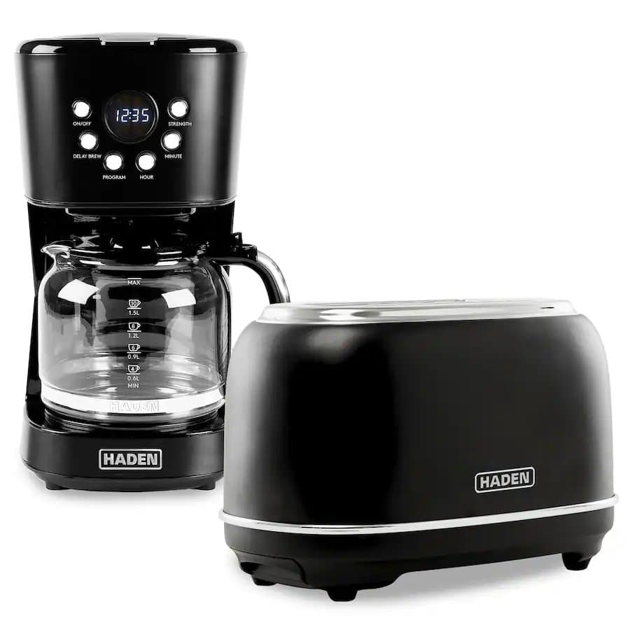 Haden 12 Cup Coffee Maker & Heritage 2 Slice Wide Slot Toaster, Black & Chrome