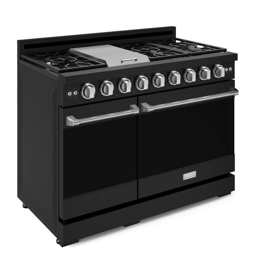 Gordon Ramsay Series 48 in. 6-Burners Double Oven Gas Range, Matte Black/SS with Convection and Grill in Propane