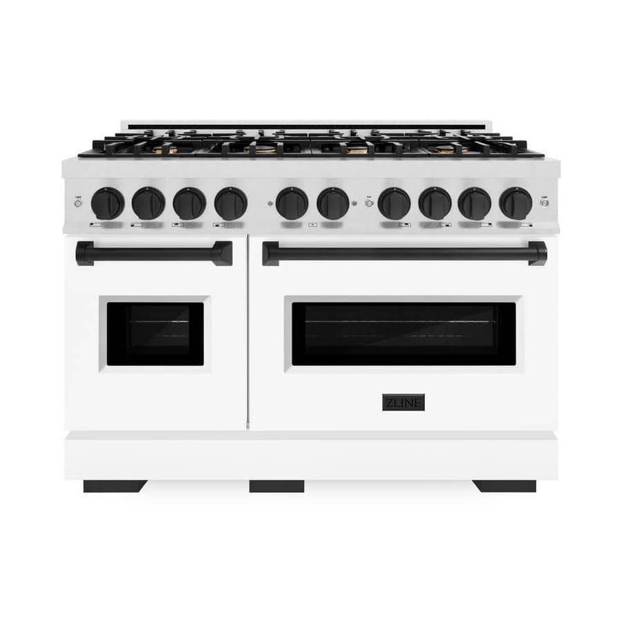 Autograph 48 in. Classic Double Oven Gas Range with 8 Burners, Satin Steel with White Doors and Black Accents