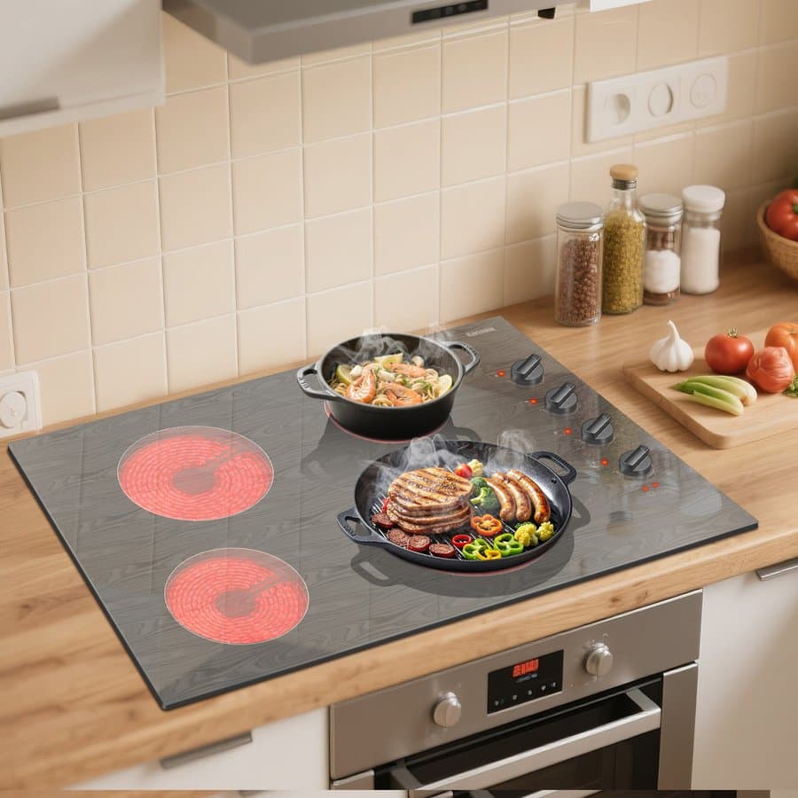 Karinear 4 Burners Electric Cooktop, 30" Built-in electric burner Wooden Pattern, ,6700W High Power, 220-240v KNC-D46703-LH06