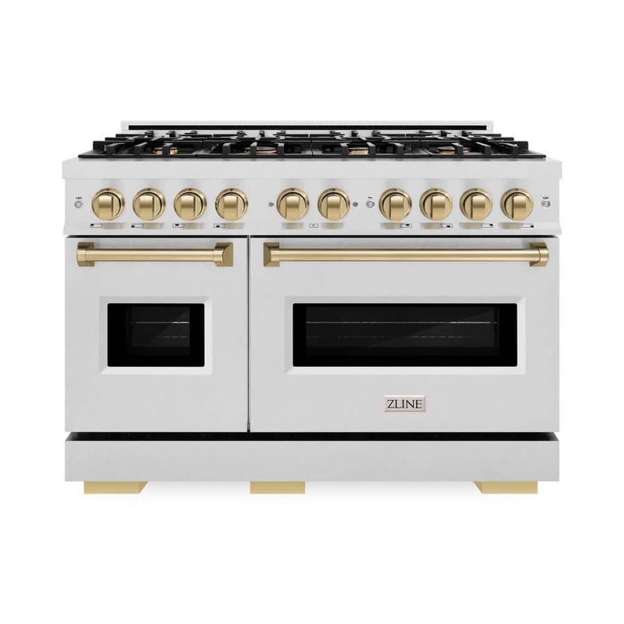 Autograph 48 in. Classic Double Oven Dual Fuel Range with 8 Burner Gas Cooktop, Satin Steel and Bronze Accents