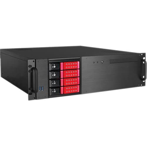 iStarUSA D-340HN-T 3 RU Compact 4 x 3.5" Bay Trayless Hotswap microATX Rackmount Chassis (Red HDD Handles)