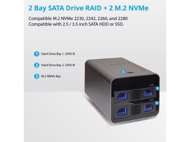 USB 3.2 (10Gbps) Type-C 2 Bay 2.5 Inch and 3.5 Inch SATA Hard Drive + 2 Bay M.2 NMVe Combo External Hard Drive Enclosure-SY-ENC50127