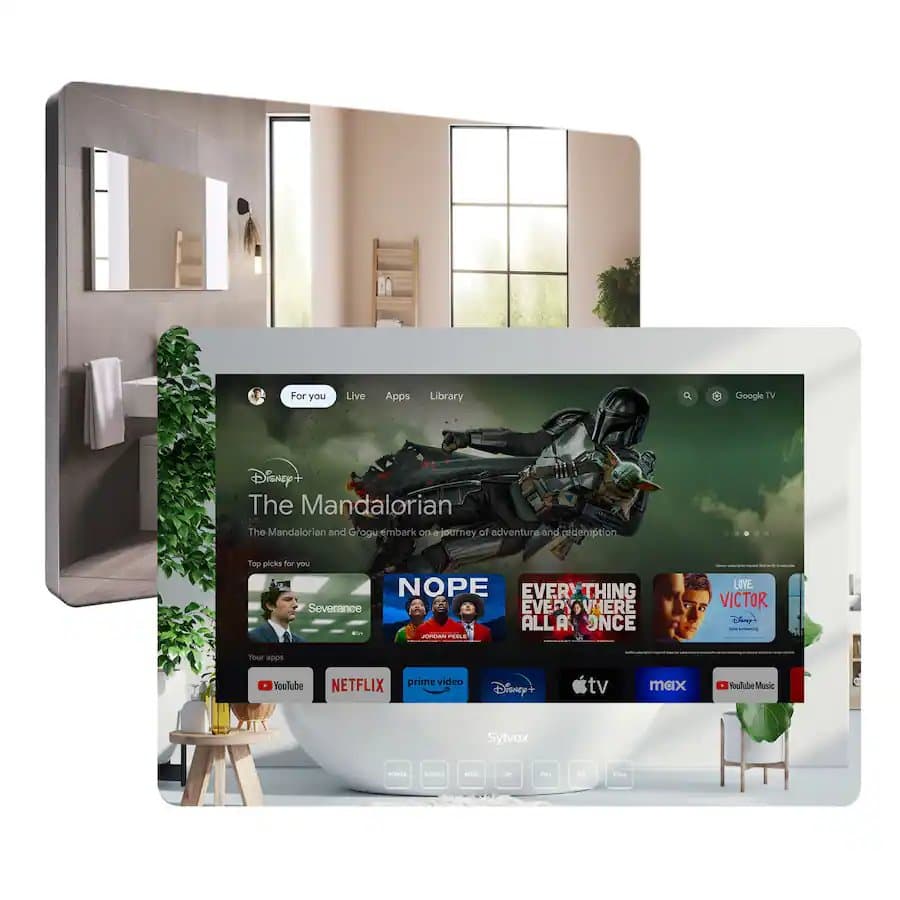 24" Clas Smart Bathroom Mirror TV, 1080P FHD LED Google TV, IP66 Waterproof Anti-Fog, Dual Front Speakers (Wall Mount)