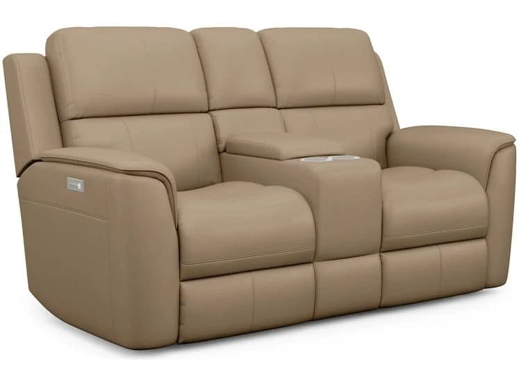 Flexsteel Henry Leather Power Reclining Loveseat w/ Console & Power Headrests & Lumbar