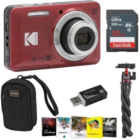 Kodak PIXPRO FZ55 Friendly Zoom Digital Camera, Red, With SD Card, Camera Bag, Tripod, Photo Editing Software, SD Card Reader