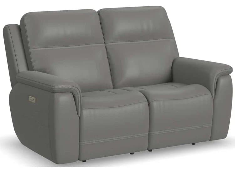 Flexsteel Sawyer Gray Leather Power Reclining Loveseat w/ Power Headrests & Lumbar