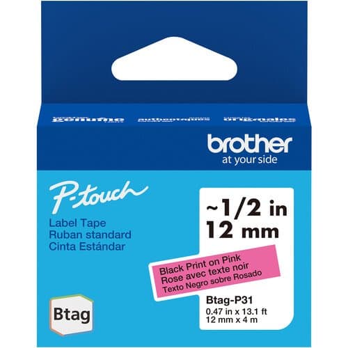 Brother Btag Label Tape for P-Touch PT-N10, PT-N20 & PT-N25BT (Black on Pink, 0.5" x 13.1')