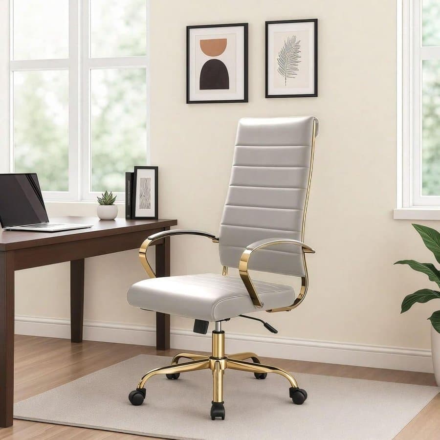 Benmar Leather High-Back Office Chair Adjustable Height, Swivel, Tilt, Stainless Steel Gold Frame in White