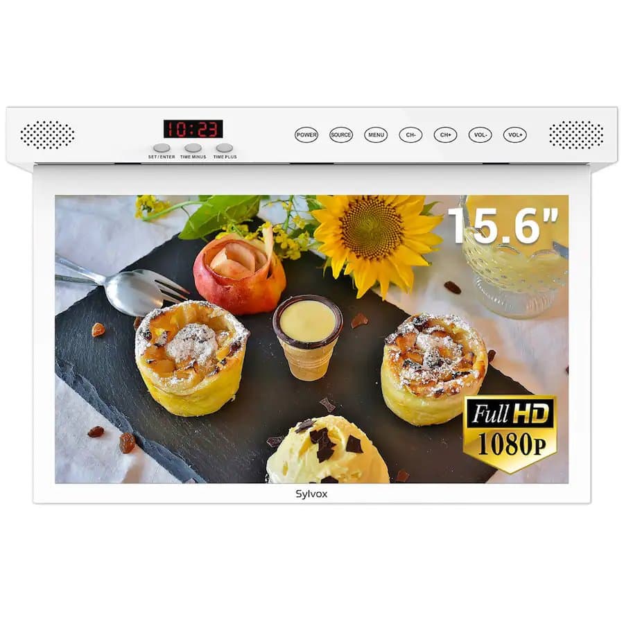 15.6" Class Under Cabinet Smart Kitchen TV, 1080P HD Google TV, 360° Rotation & 90° Flip-Down Screen Space-Saving Design