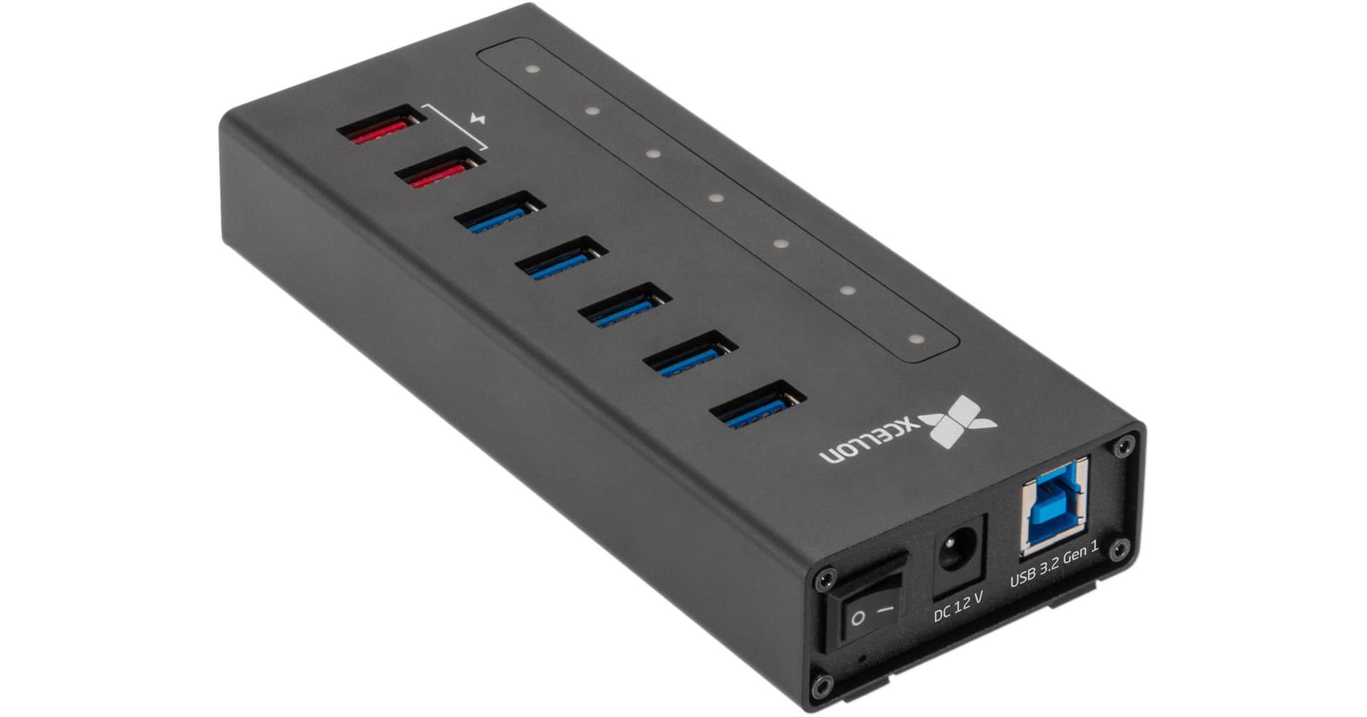 Xcellon 7-Port Powered USB 3.2 Gen 1 Slim Aluminum Hub with 2 Dual Data/Charging Ports