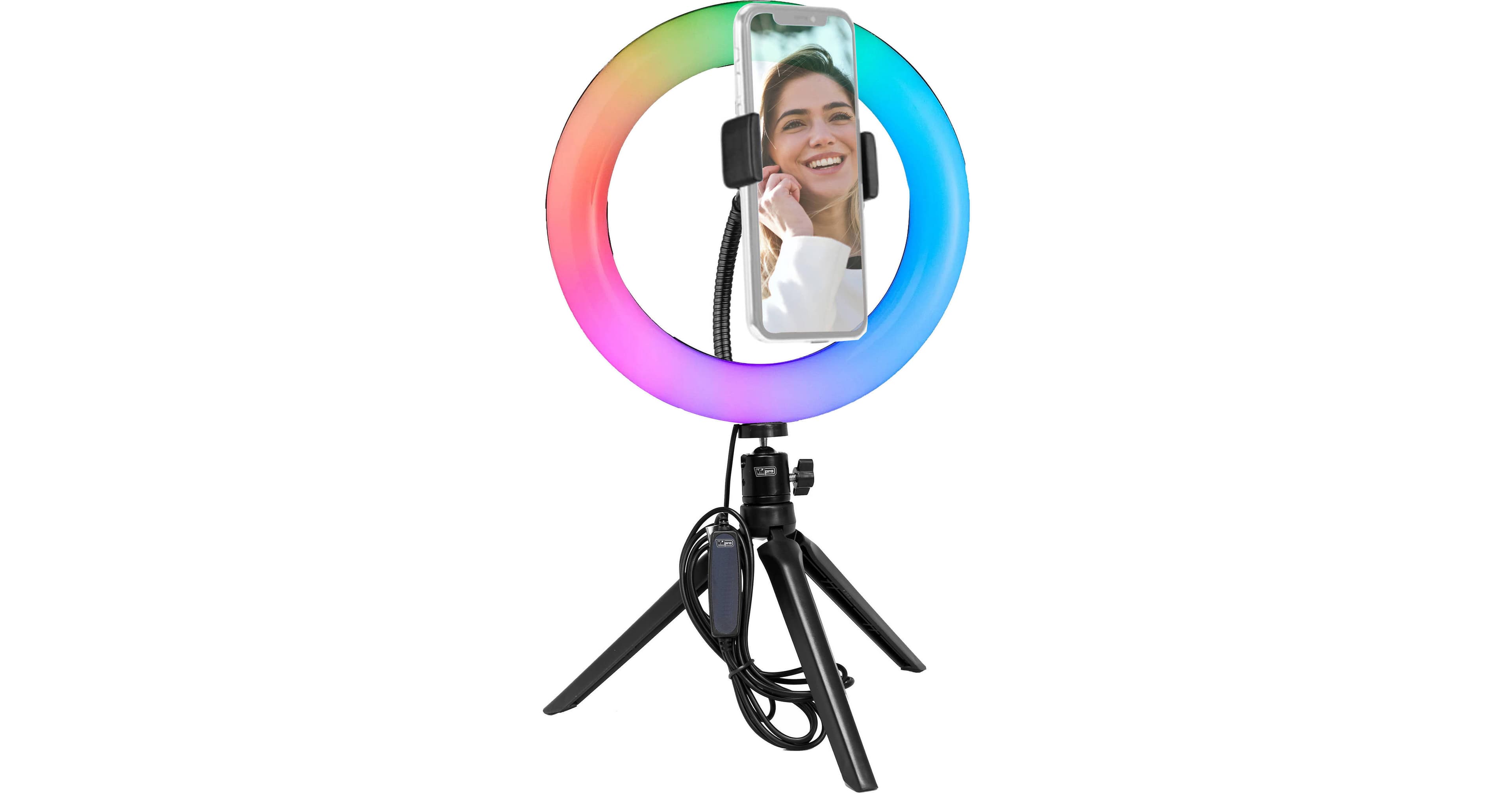 Vidpro 10" RGB LED Ring Light with Tabletop Tripod and Ball Head