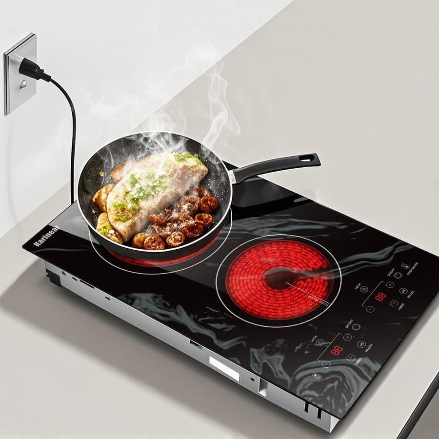 Karinear Portable Electric Cooktop 2 Burners, 110v Plug in Electric Stove Top, Countertop Use or Built-in Install, 12'' Ceramic Cooktop with Beautiful Wave Patterned KNC-D22058-UL-LH09