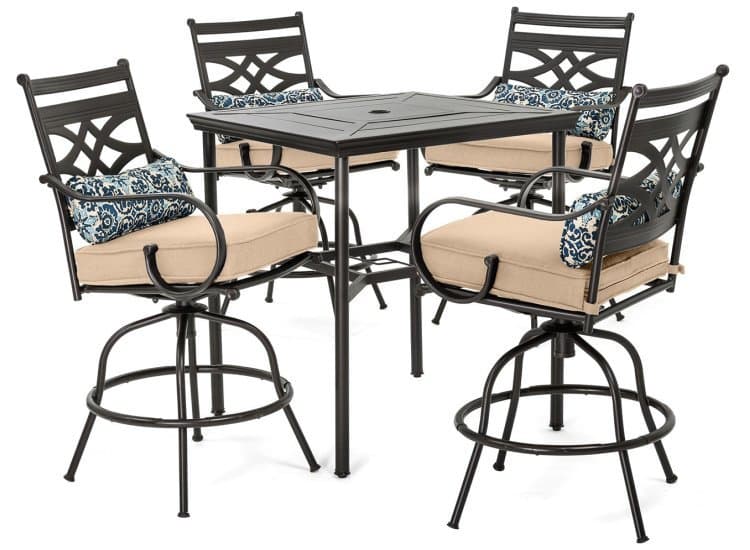 Hanover Montclair 5-Piece Outdoor High Dining Set In Tan/Brown With 4 Swivel Chairs, 33" Square High Dining Table