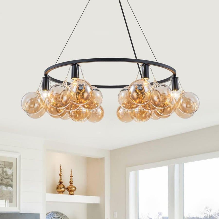 31.5 in. 6-Light Modern Matte Black Circular Ring Chandelier with Champagne Glass Globes