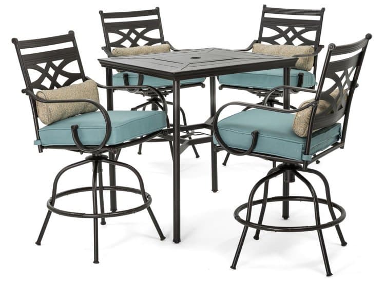 Hanover Montclair 5-Piece Outdoor High Dining Set In Ocean Blue/Brown With 4 Swivel Chairs, 33" Square High Dining Table