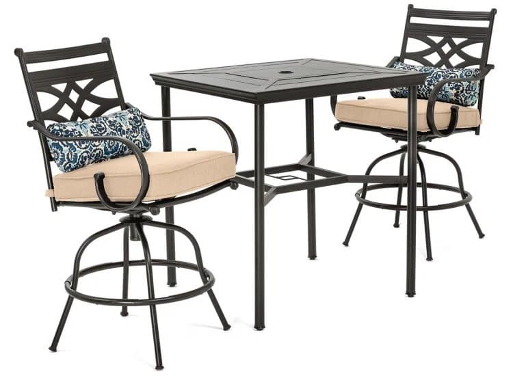 Hanover Montclair 3-Piece Outdoor Dining Set In Ocean Tan/Bronze With 2 Swivel Chairs, 33x33 Steel-Stamped Table