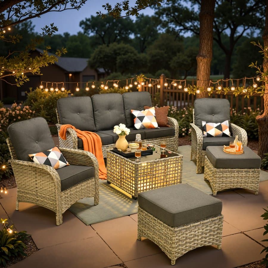 XIZZI Scorpio 5 -Piece Rattan Patio Sofa Conversation Set with Black Cushions