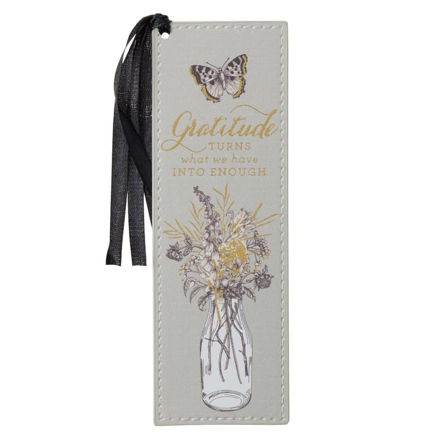 With Love Gray Faux Leather Bookmark for Women, Gratitude Quote Butterfly Poppies Dahlias Flower Garden w/Gold Accents/Ribbon Tassel, Inspirational Encouraging Book Accessory for Booklovers