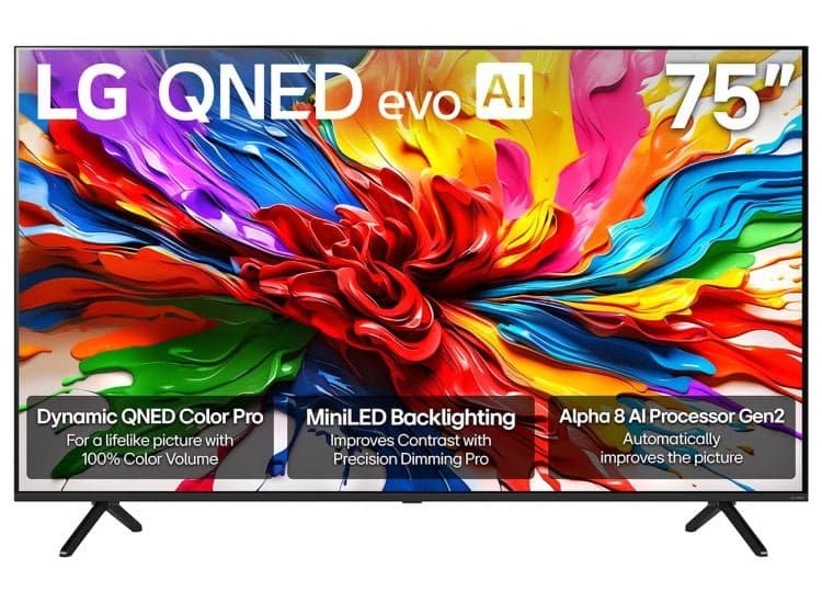 LG QNED92A Series TV 75-Inch Mini LED 4K Smart with evo AI, Black