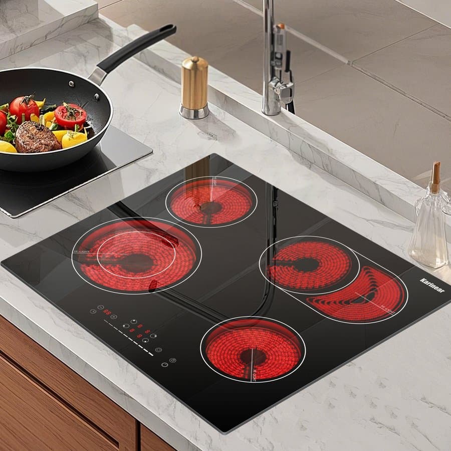 Karinear 4 Burners Electric Cooktop 24 Inch, 220-240v Built-in Electric Ceramic Cooktop with Glass Protection Metal Frame, Expandable Burners, Slider-Touch Control, Multi-function Elecric Stovetop KNC-D46613-BB