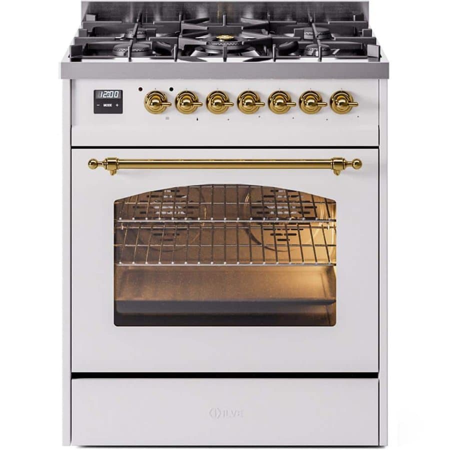 Nostalgie II 30 in. Dual Fuel Natural Gas Range with 5 Burners, Brass Trim, White