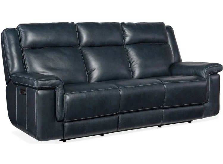 Hooker Furniture Living Room Montel Leather Lay Flat Power Sofa w/ Power Headrest & Lumbar, Cosmos Cobalt Finish