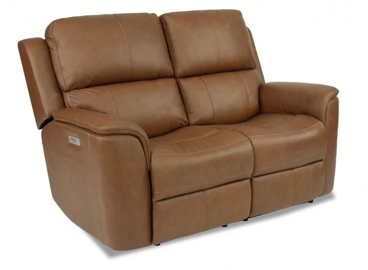 Flexsteel Henry Power Reclining Loveseat With Power Headrests & Lumbar, Caramel Leather
