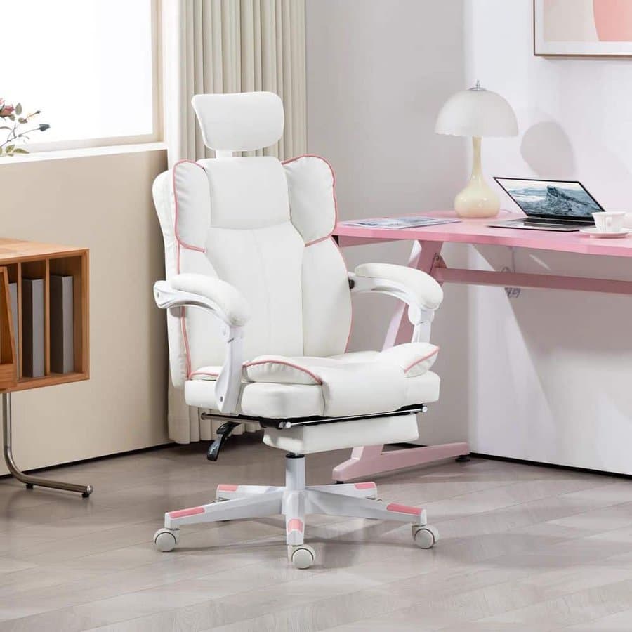 Executive Faux Leather Office Chair with Headrest, Foot Rest, High Back Desk Chair, Executive Chairs, White
