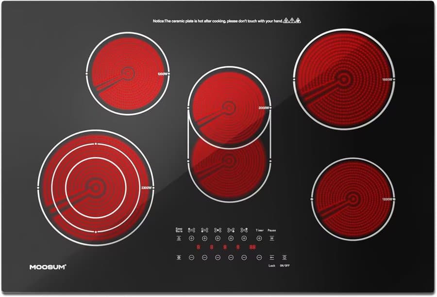 30-inch Electric Cooktop with 5 Burners & Griddle-9 Power Levels, Rapid Even Heating for Frying/Boiling, Ceramic Glass Surface, Child Safety Lock, 220-240V (No Plug) MO-CCHB77US