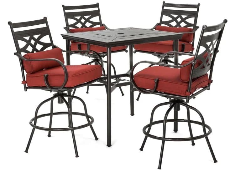 Hanover Montclair 5-Piece Outdoor High Dining Set In Chili Red/Brown With 4 Swivel Chairs, 33" Square High Dining Table