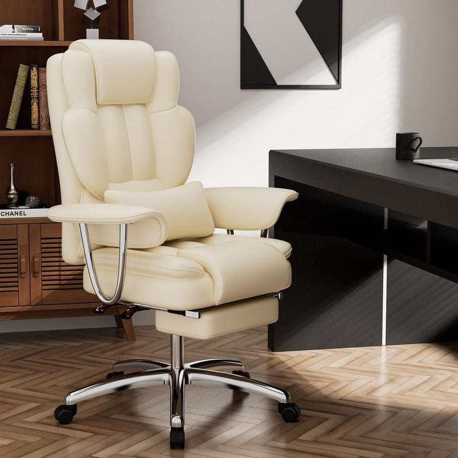Leather Swivel Ergonomic Executive Office Chair High Back Reclining Computer Chair with Lumbar Pillow Footrest, Beige