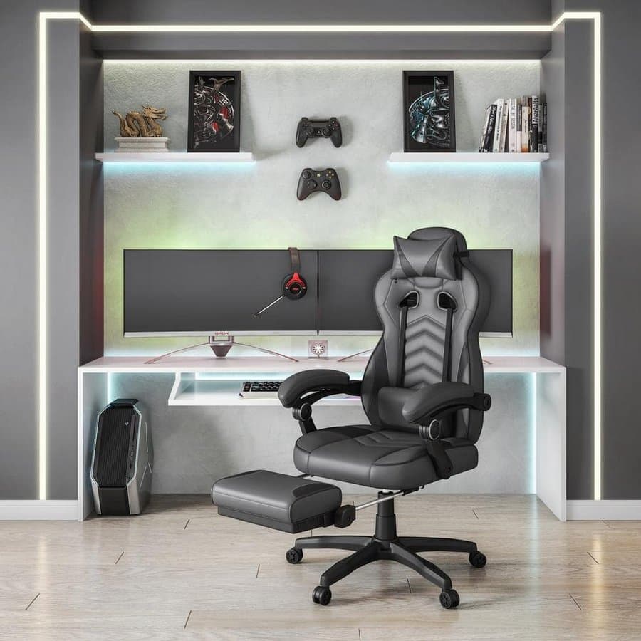 Faux Leather Reclining Ergonomic Executive Gaming Chair, Gray with Padded Arms and Footrest