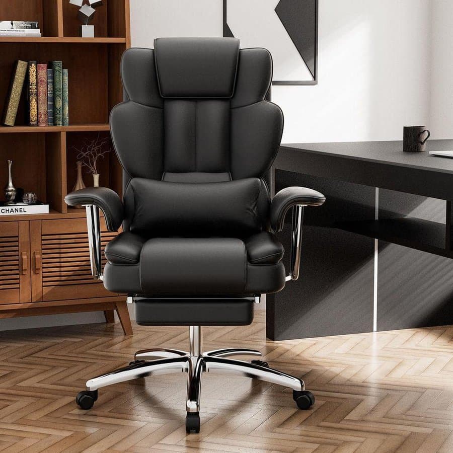 Leather Swivel Ergonomic Executive Office Chair High Back Reclining Computer Chair with Lumbar Pillow Footrest, Black