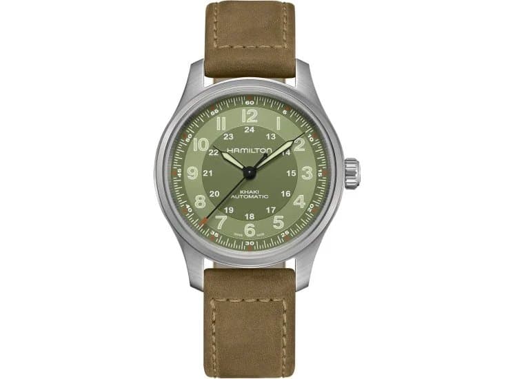 Hamilton Khaki Field Titanium Auto Green Dial Brown Leather Strap Watch, 42mm