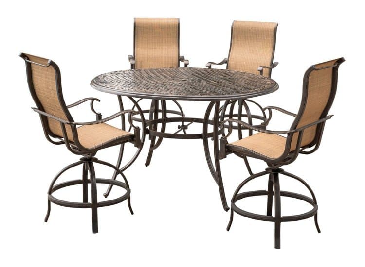 Hanover Manor 5-Piece Outdoor Dining Set In Tan/Bronze With 4 Counter-Height Swivel Chairs, 56" Cast-Top Table
