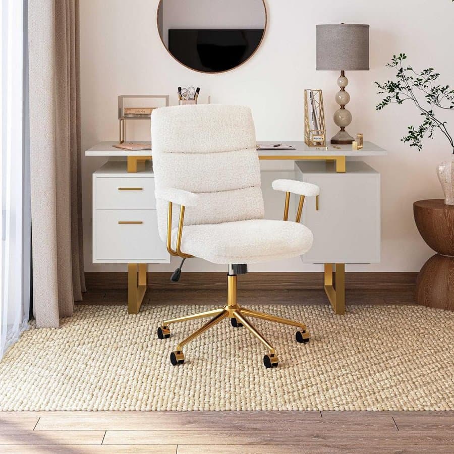 White and Gold Fabric Reclining Boucle Ergonomic Office Chair