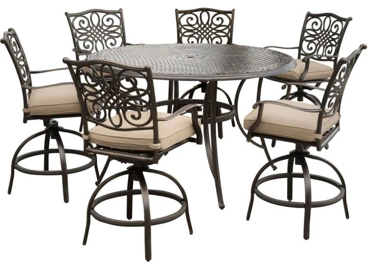 Hanover Traditions 7-Piece Outdoor Dining Set In Tan/Cast With 6 Counter Height Chair, 56" Round Cast Table