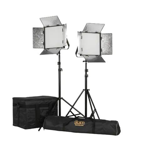 Ikan Rayden 1x1 Bi-Color 2-Point Panel LED Light Kit, Includes 1x Light Bag, 1x Stand Bag, 2x1x1 Bi-Color LED Soft Light, 2x Gold Mount Battery Plate, 2x HD Light Stand, 2x V-Mount Battery Plate, 2x Yoke with Stand Receiver/Pin