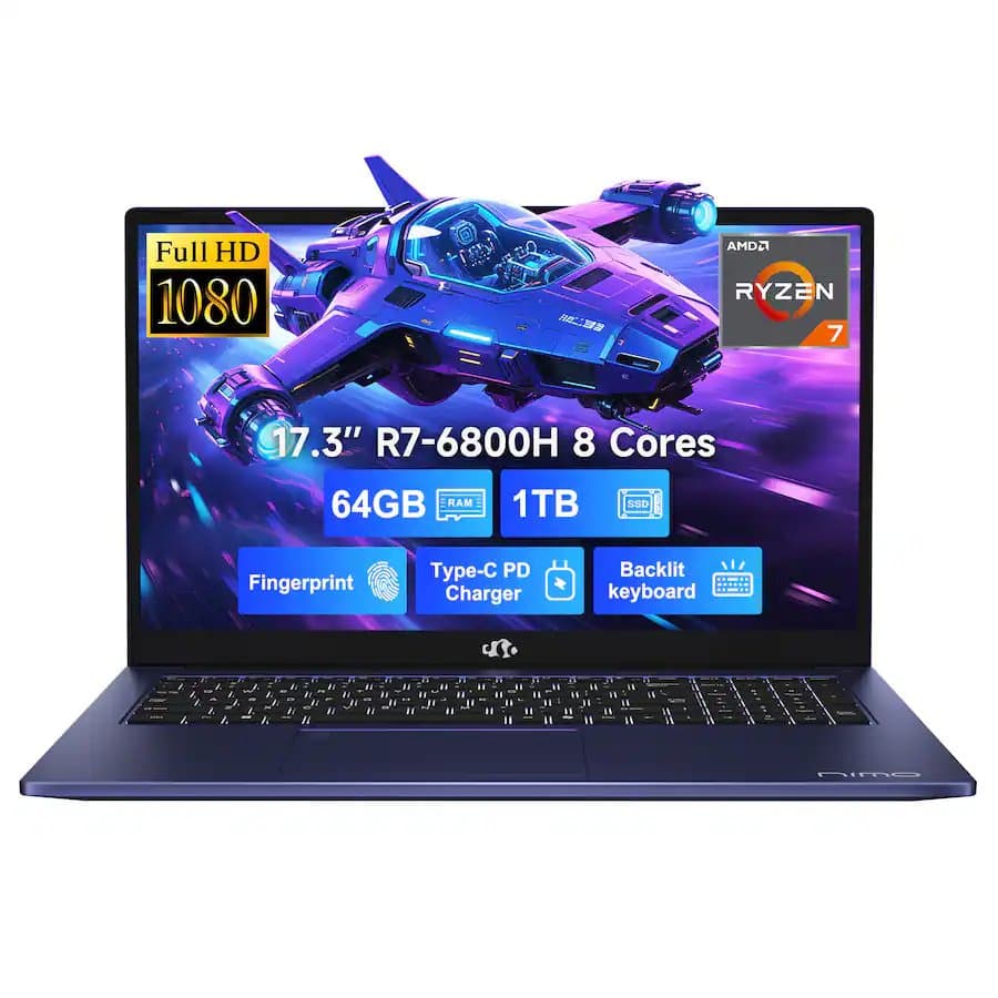 NIMO 17.3" IPS FHD-Gaming-Laptop, 8 Cores AMD Ryzen 7 6800H 64GB DDR5 RAM 1TB SSD 4.7GHz Fingerprint 100W