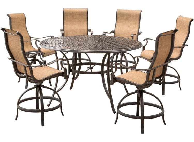 Hanover Manor 7-Piece Outdoor Dining Set In Tan Sling/Cast With 6 Sling Counter Height Swivel Chairs, 56" Round Cast Table