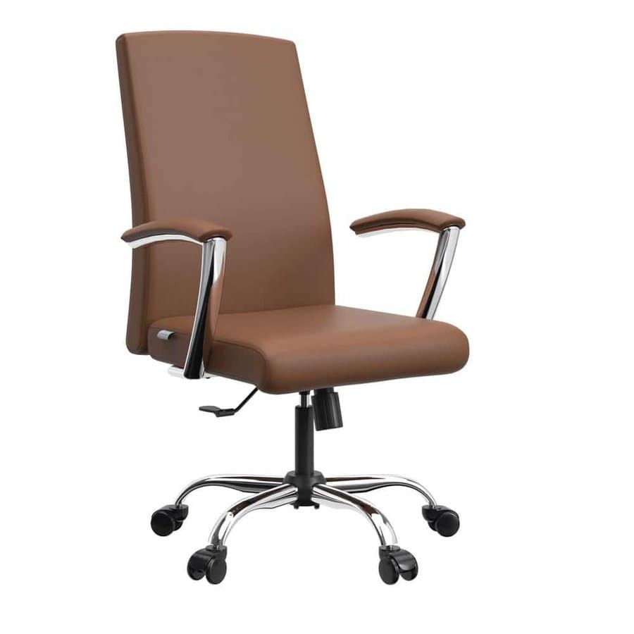 Evander Modern Swivel Office Chair in Faux Leather with Adjustable Height and Silver Frame, Dark Brown