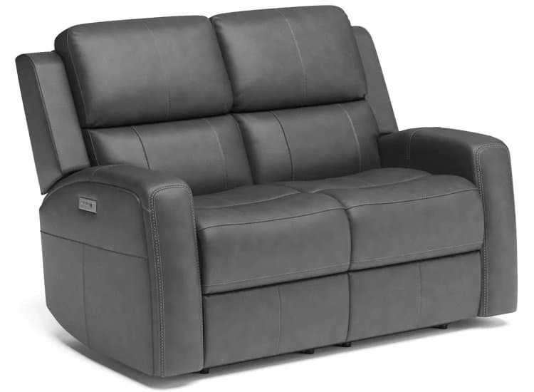 Flexsteel Linden Gray Leather Power Reclining Loveseat with Power Headrests & Lumbar