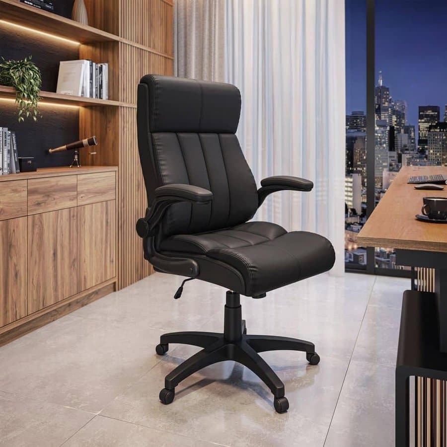 Faux Leather Height Adjustable Ergonomic Executive Office Chair, Black with Padded Flip-Up Arms