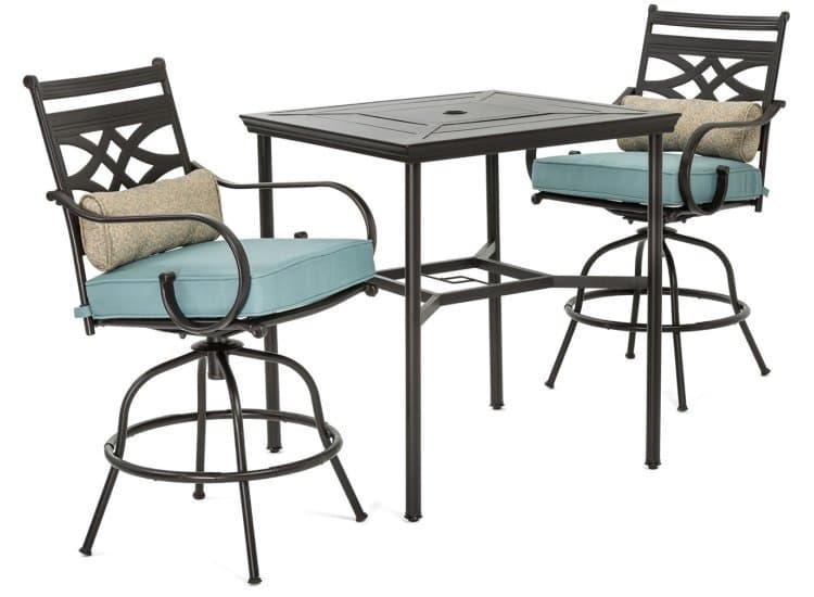 Hanover Montclair 3-Piece Outdoor Dining Set In Ocean Blue/Brown With 2 Swivel Chairs, 33x33 Steel-Stamped Table