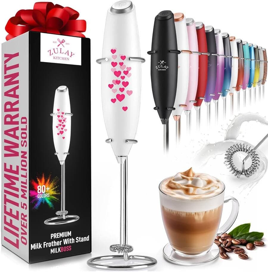 Zulay Kitchen Powerful Milk Frother Wand-Ultra Fast Handheld Drink Mixer-Milk Boss White with Hearts